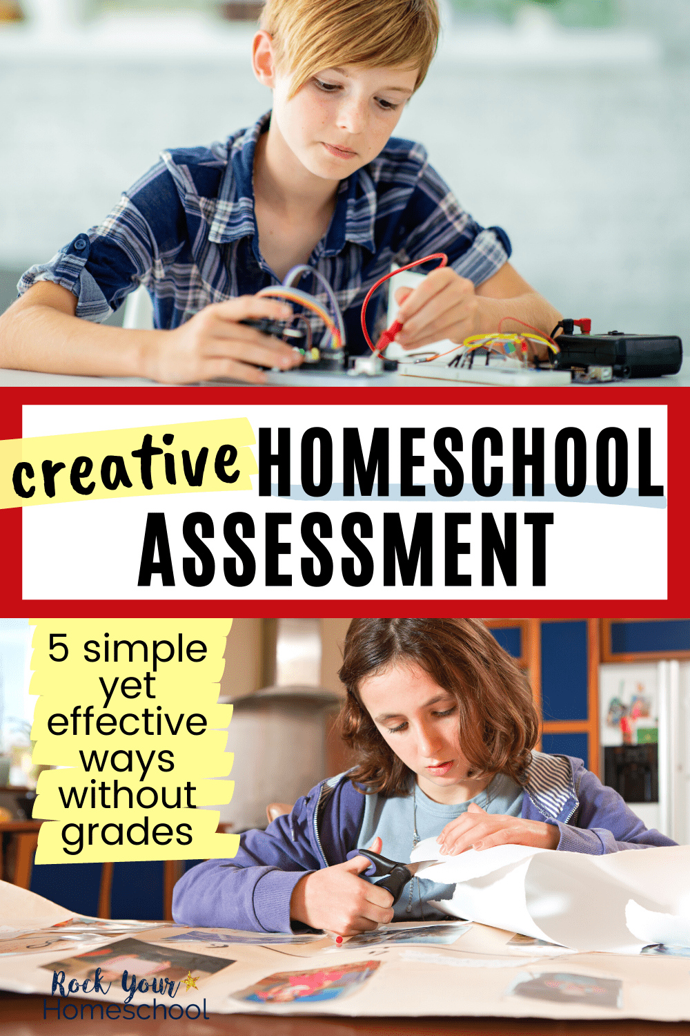 Child working on electric project and girl working on collage to show creative homeschool assessment ideas