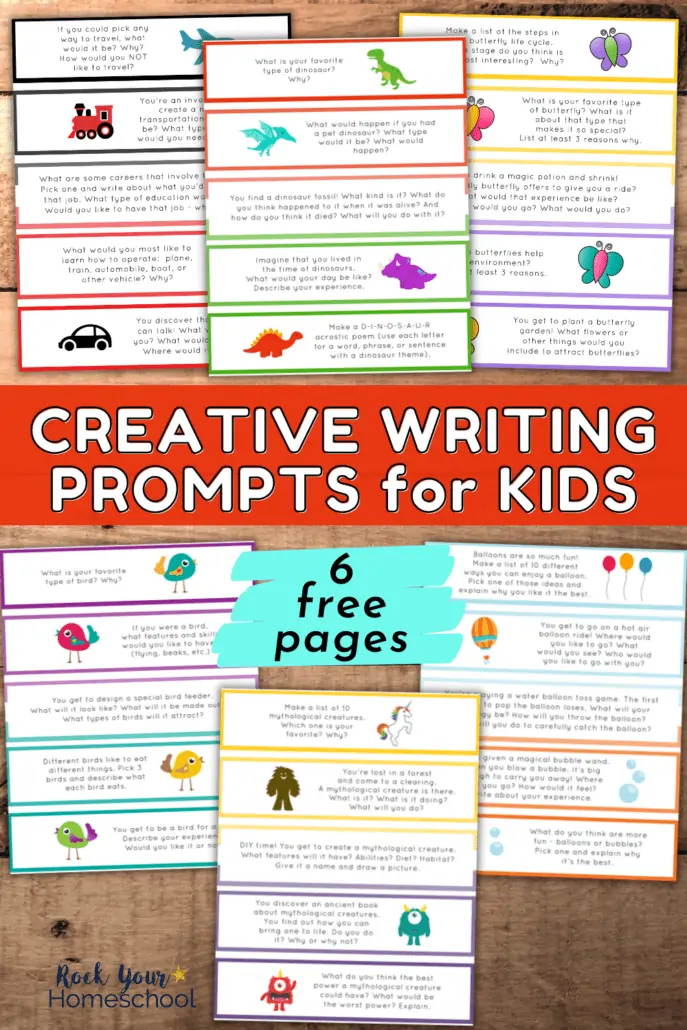 6 printable pages of 30 free creative writing prompts for kids with themes of transportation, dinosaurs, butterflies, birds, mythological creatures, and bubbles and balloons on wood background