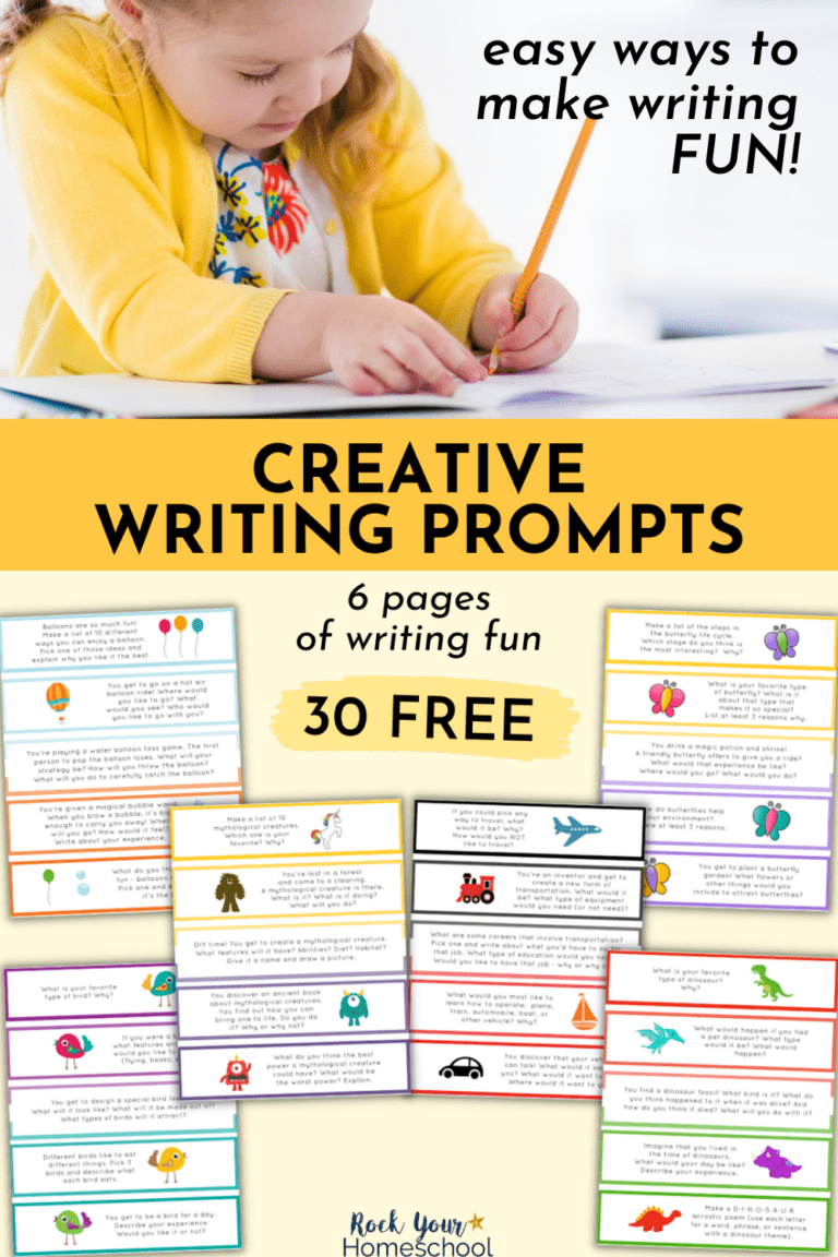 Girl writing with a pencil and 6 printable pages of 30 free creative writing prompts for kids