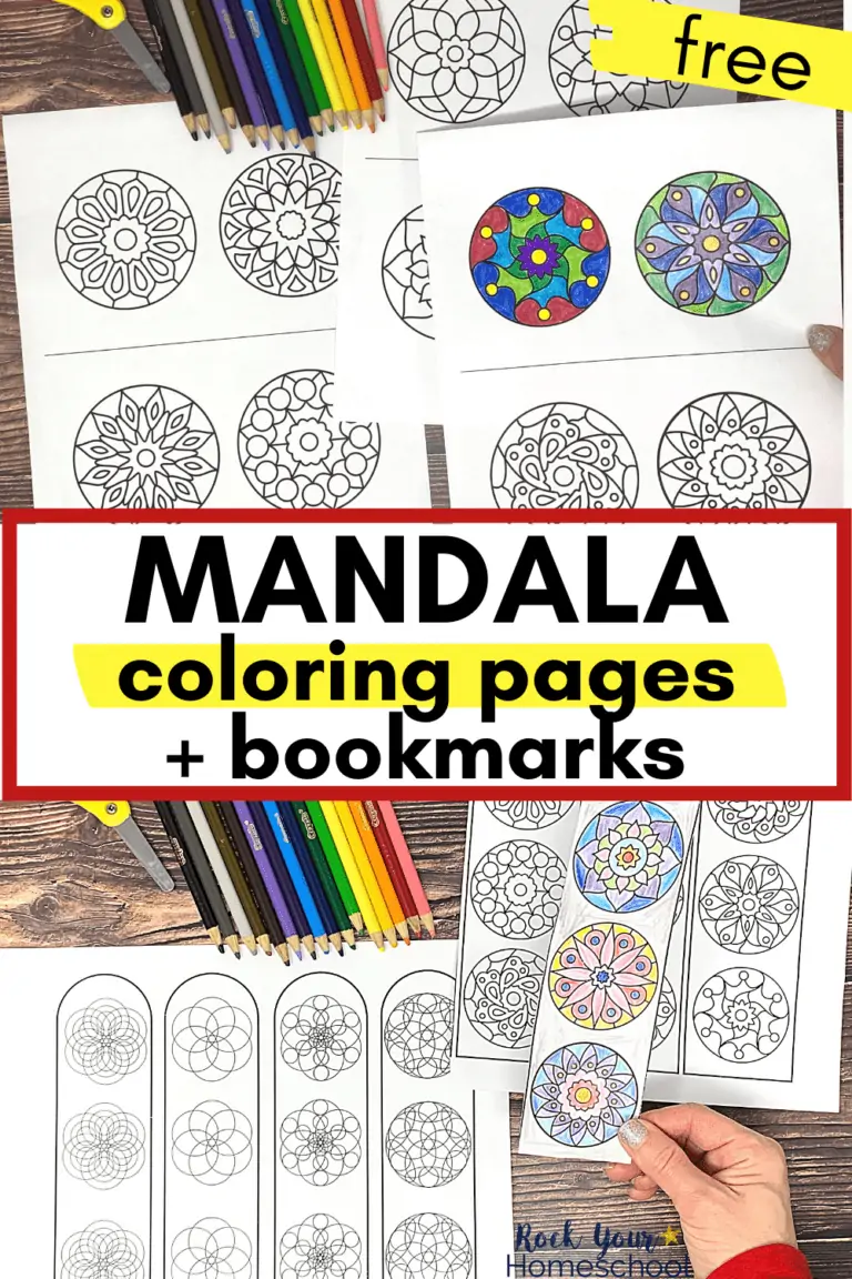 Easy mandala coloring pages with color pencils and woman holding mandala coloring bookmark with color pencils and yellow scissors with wood in background