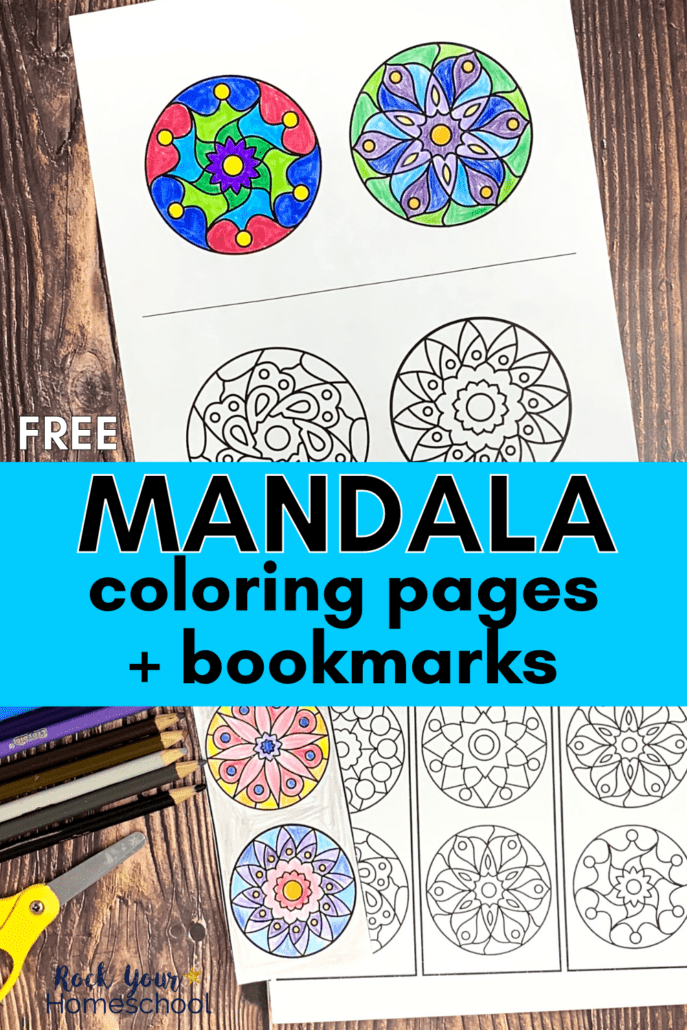 Easy mandala coloring pages and mandala coloring bookmarks with color pencils and yellow scissors on woodbackground