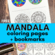 Easy mandala coloring pages and mandala coloring bookmarks with color pencils and yellow scissors on woodbackground.