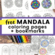 Woman holding easy mandala coloring pages with color pencils and yellow scissors on wood background and woman holding free printable mandala coloring bookmark with printable pages and color pencils in background.