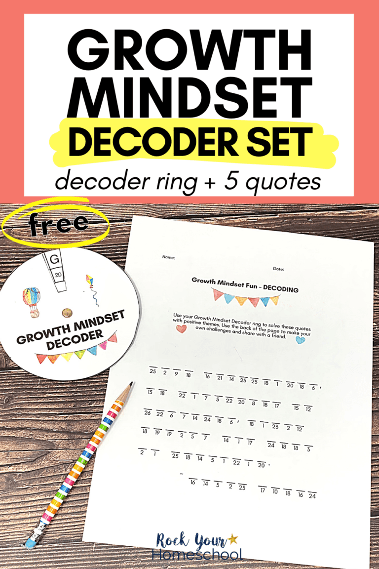 free growth mindset decoder ring with printable page of decoder quote with rainbow stripe pencil on wood background