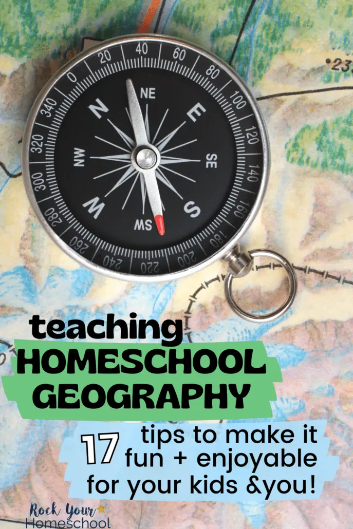 Compass on map to feature creative ways for teaching homeschool geography