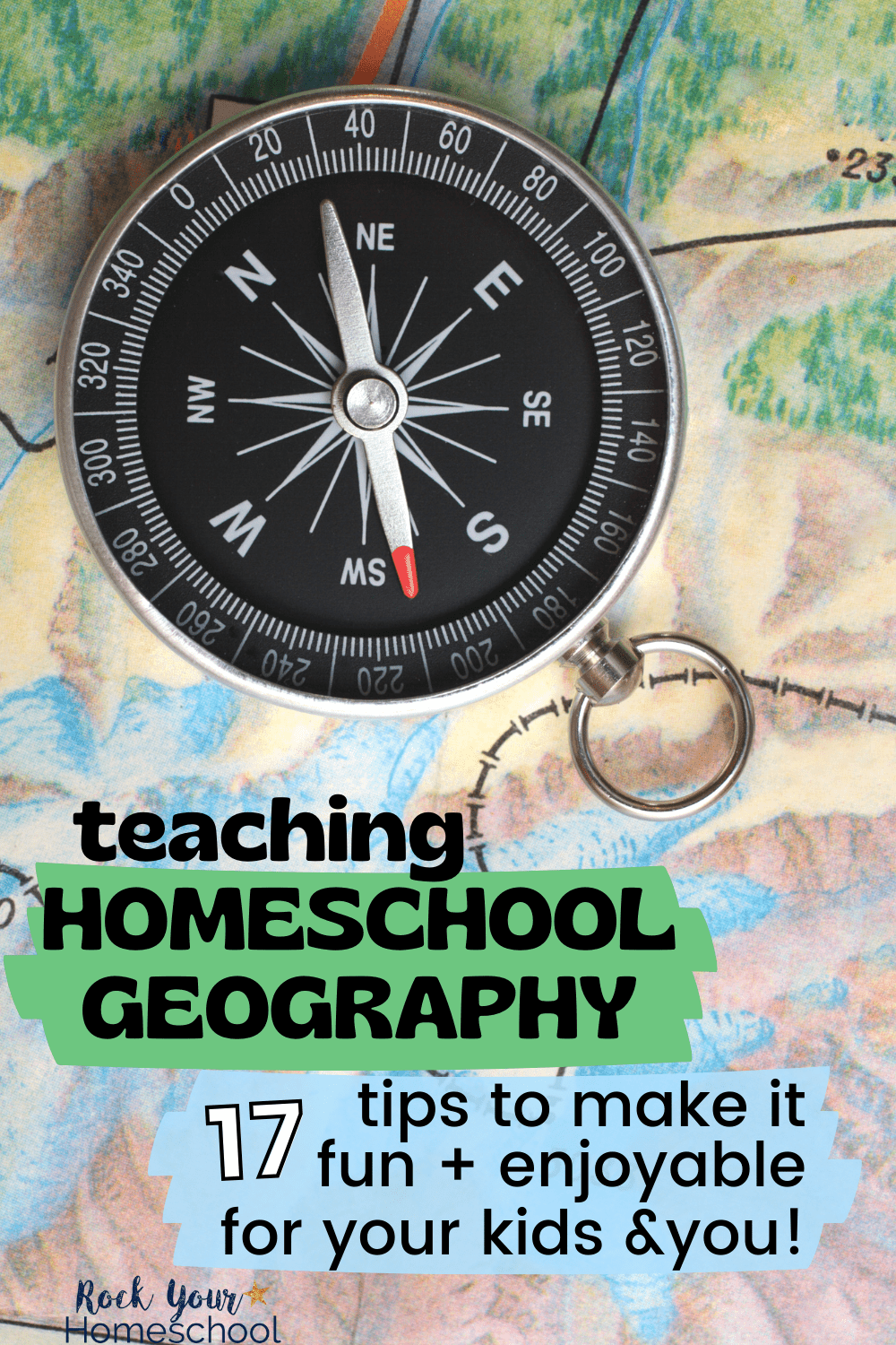 Compass on map to feature creative ways for teaching homeschool geography