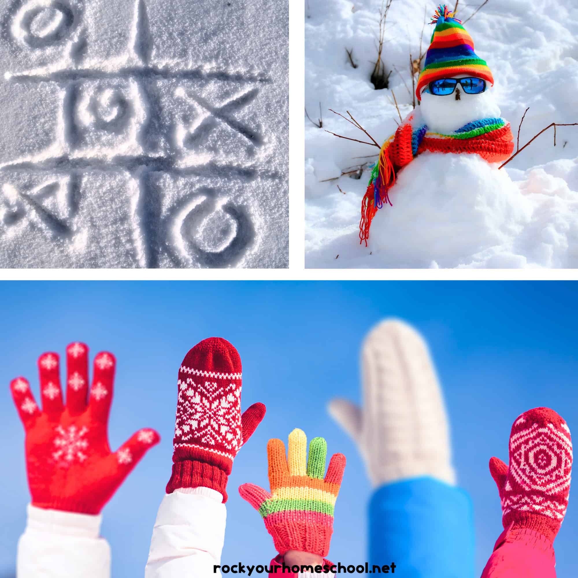 Snow tic tac toe, snowman with rainbow hat and scarf, and kids' mittens and gloves to features these fun outdoor winter activities for kids.