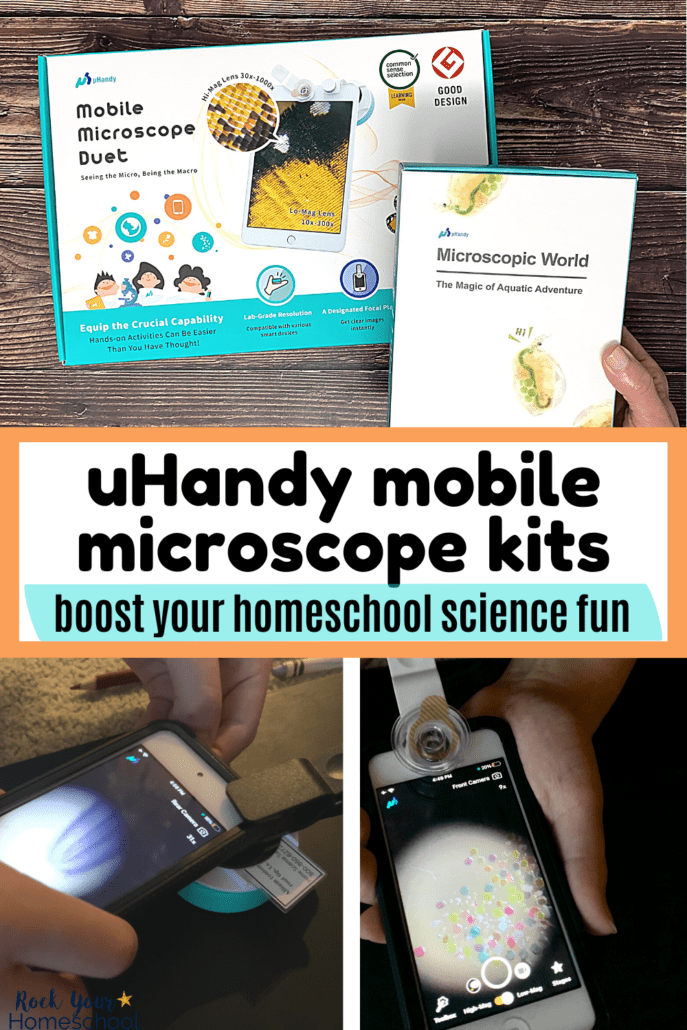 Woman holding mobile microscope kit with uHandy mobile microscope duet kit in background, boy using uHandy mobile microscope on smartphone with prepared slide, and boy using uHandy mobile microscope on iPod to investigate glitter