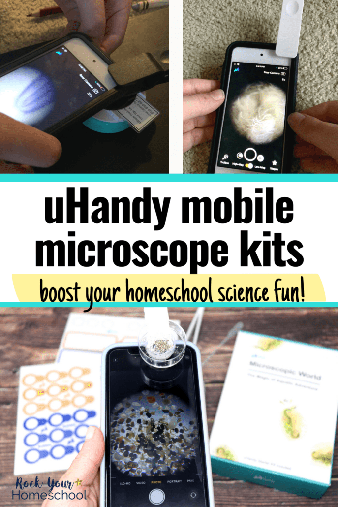 Boy using prepared slide with uHandy mobile microscope on smartphone, boy using mobile microscope on smartphone to investigate carpet, and woman holding smartphone with uHandy mobile microscope to explore sand particles with microscope kit in background