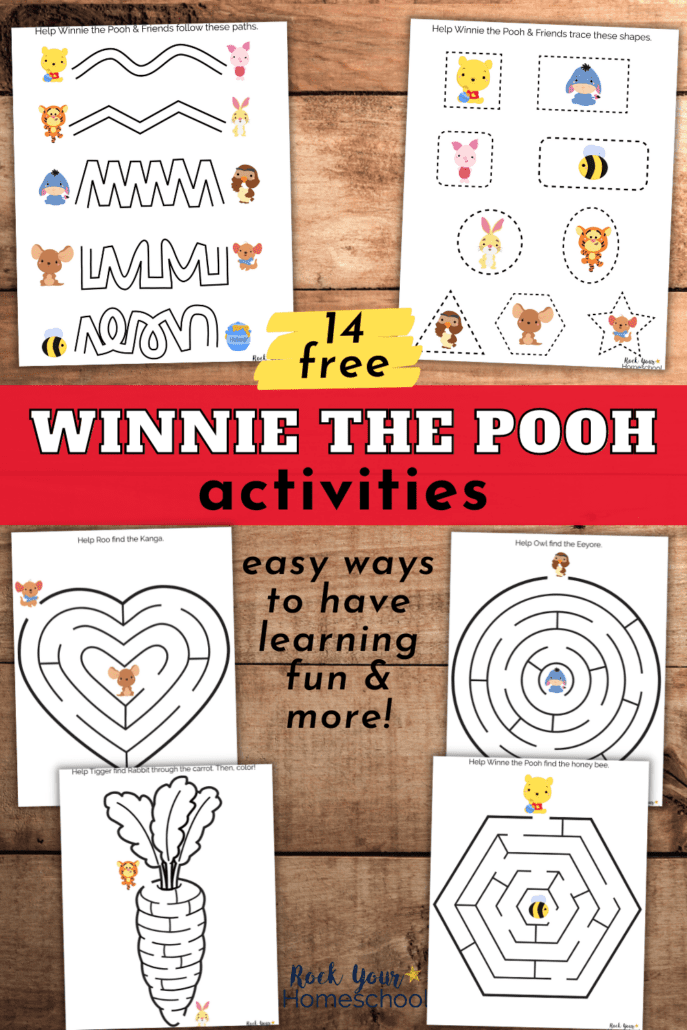 Winnie the Pooh activities on printable pages for mazes and tracing  on wood background