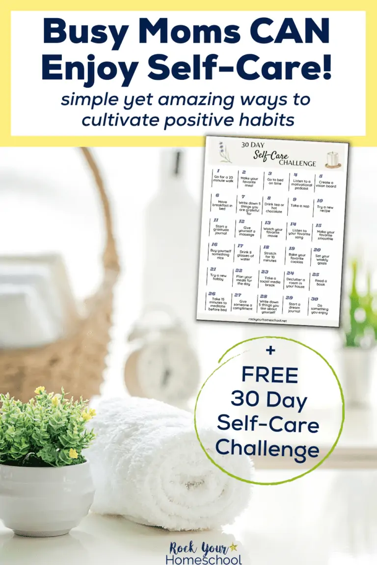 White towels in basket with rolled white towel and green succulent with yellow flowers with soft background to feature these ideas and 30 day self-care challenge for busy moms