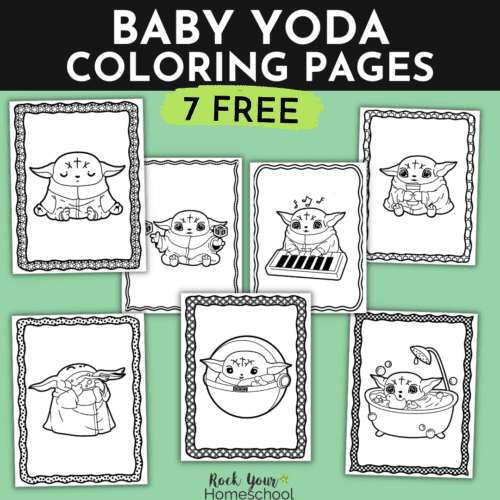 This free pack of 7 Baby Yoda coloring pages includes simple yet fun coloring activities that your Star Wars fans will love.