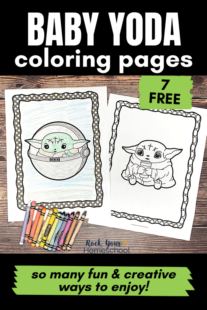 Baby Yoda coloring pages with Baby Yoda in flying hover pod and drinking a cup of soup with crayons on wood background