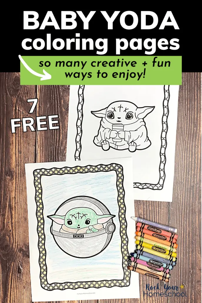 Baby Yoda coloring pages with Baby Yoda drinking a cup of soup and in a flying hover pod with crayons on wood background