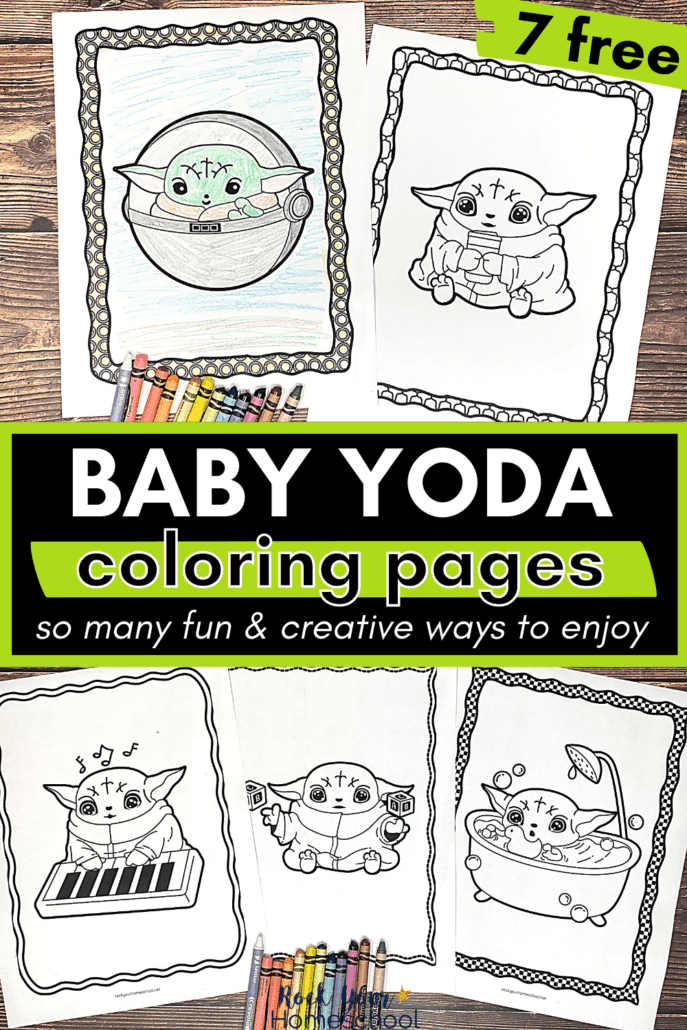 Baby Yoda coloring pages with Baby Yoda in flying hover pod, drinking a cup of soup, playing a piano keyboard, making letter blocks levitate, and in bathtub with rubber ducky with crayons on wood background