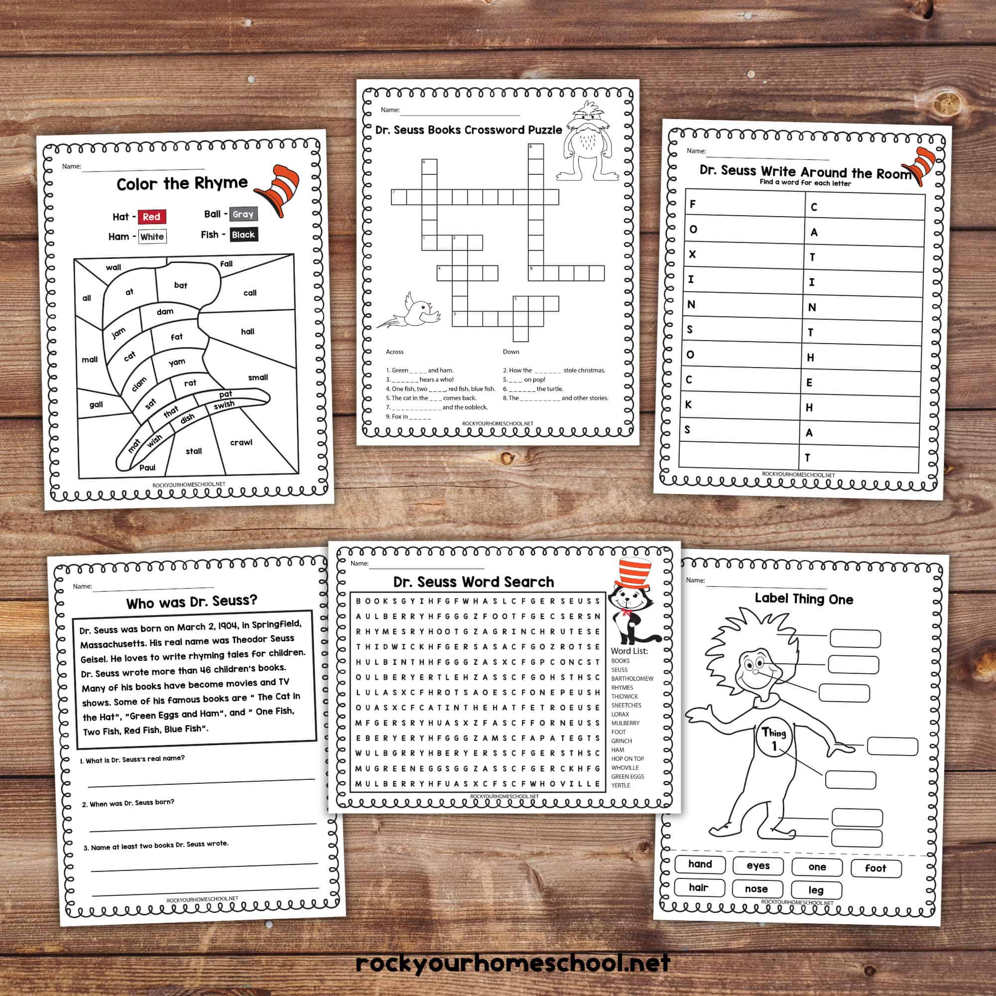 5 examples of free printable Dr. Seuss activities for writing, coloring, puzzle solving, and more.