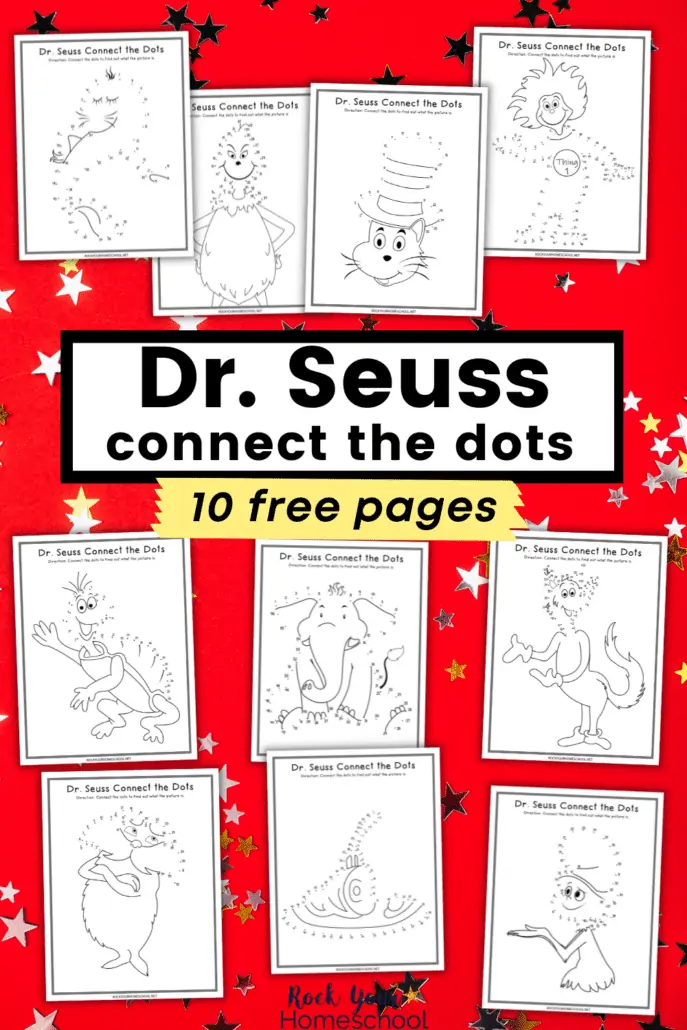 10 free printable Dr. Seuss connect the dots pages featuring The Cat in the Hat, The Lorax, Thing 1, Yertle the Turtle, Sam I Am, green eggs and ham, Horton the Elephant, Fox in Socks, Fish, and The Grinch