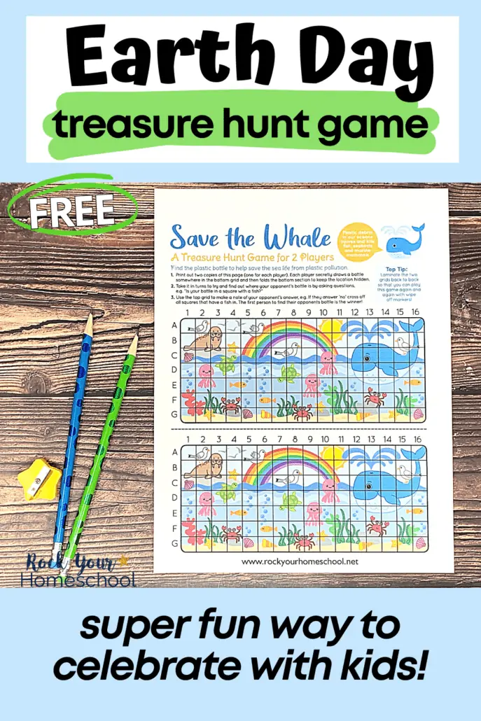 Earth Day game featuring a treasure hunt activity for Save the Whale with blue and green pencils and yellow star-shaped pencil sharpener on wood surface