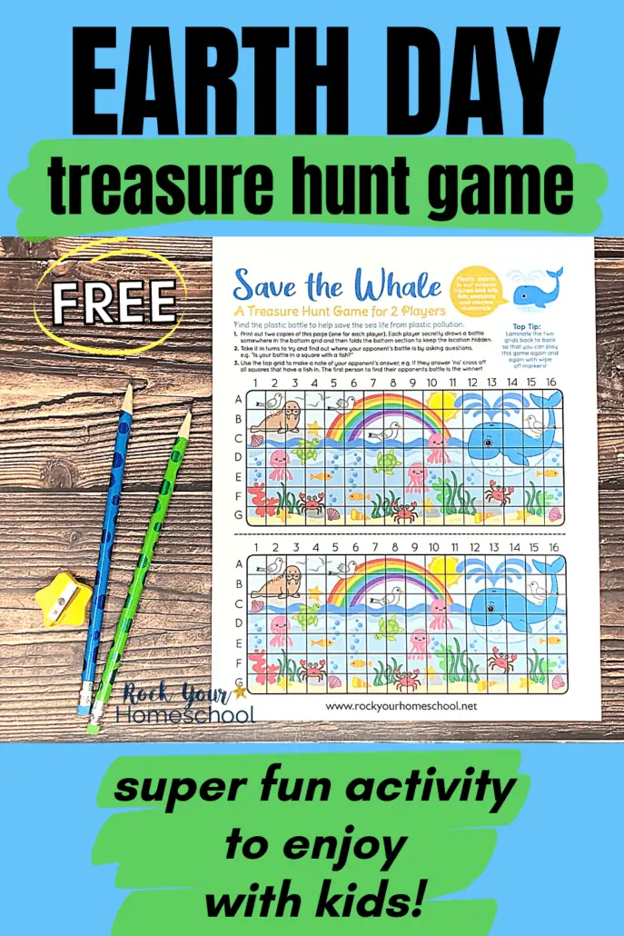 free printable Earth Day game for kids featuring a treasure hunt activity for Save the Whale with yellow star-shaped pencil sharpener, blue and green pencils on wood surface