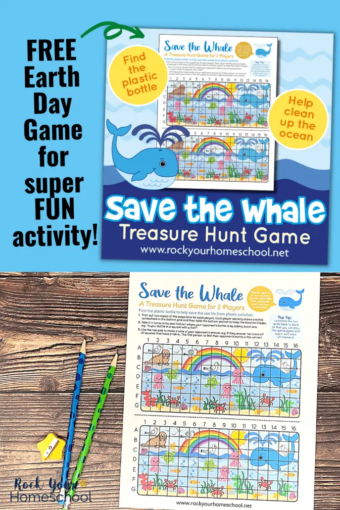 free printable Earth Day game featuring Save the Whale treasure hunt activity with yellow star-shaped pencil sharpener and blue and green pencils on wood surface