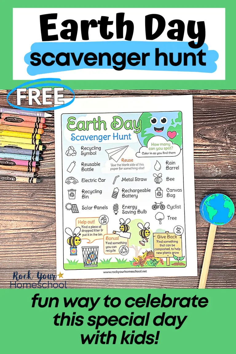 Earth Day scavenger hunt with rainbow of crayons and wood pointer featuring Earth on wood surface