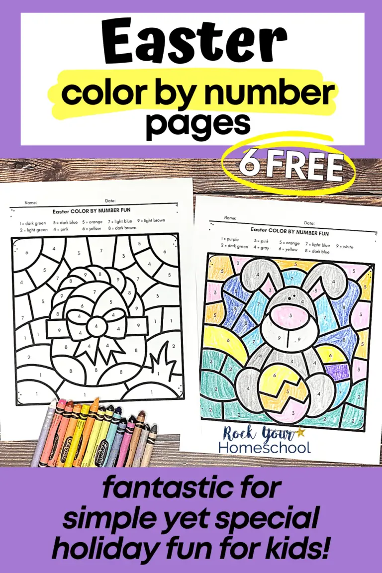 2 free Easter color by number pages featuring Easter basket and bunny holding Easter egg with crayons on wood surface