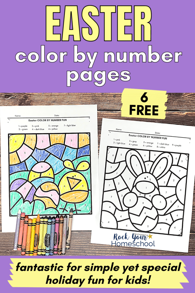 Free printable Easter color by number pages with crayons.