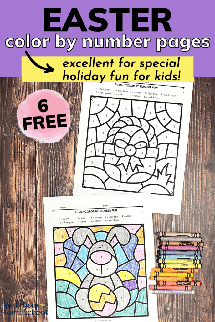 2 free Easter color by number pages featuring Easter basket and bunny holding egg with crayons on wood surface