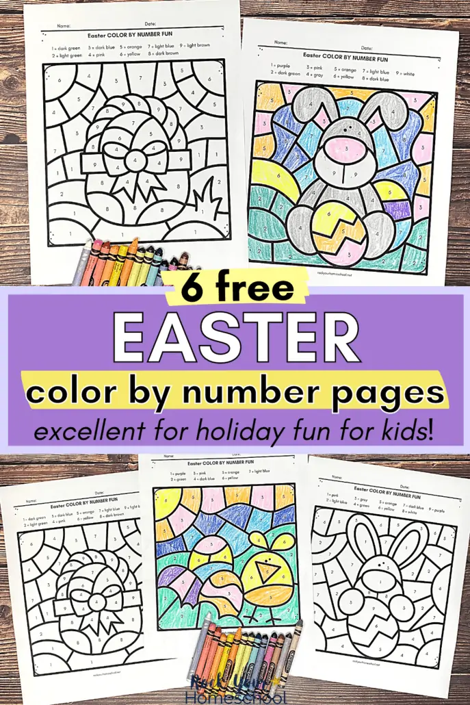 free printable Easter color by number pages featuring Easter basket, bunny with Easter eggs, and chick with Easter eggs with rainbow of crayons on wood background
