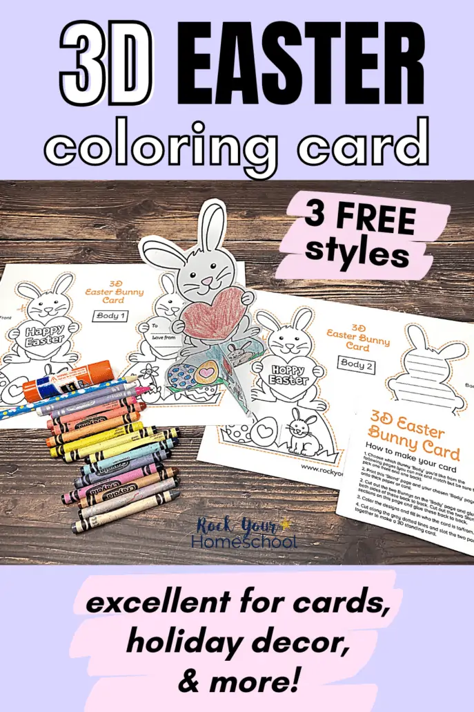 3D Easter coloring card for kids featuring cute bunny, Easter basket, and Easter eggs with crayons, Easter pencil, glue stick, and printable pages on wood surface
