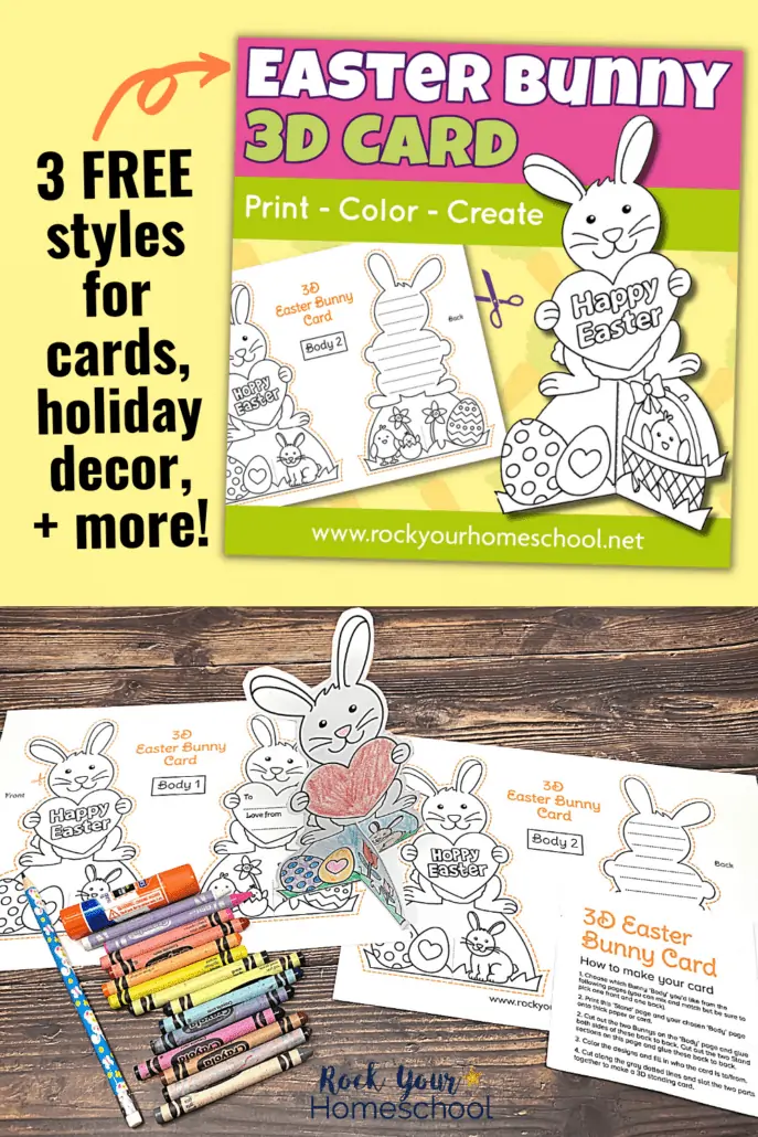 3D Easter coloring card for kids featuring cute bunny, Easter eggs, and Easter basket with crayons, glue stick, scissors, and printable pages on wood background