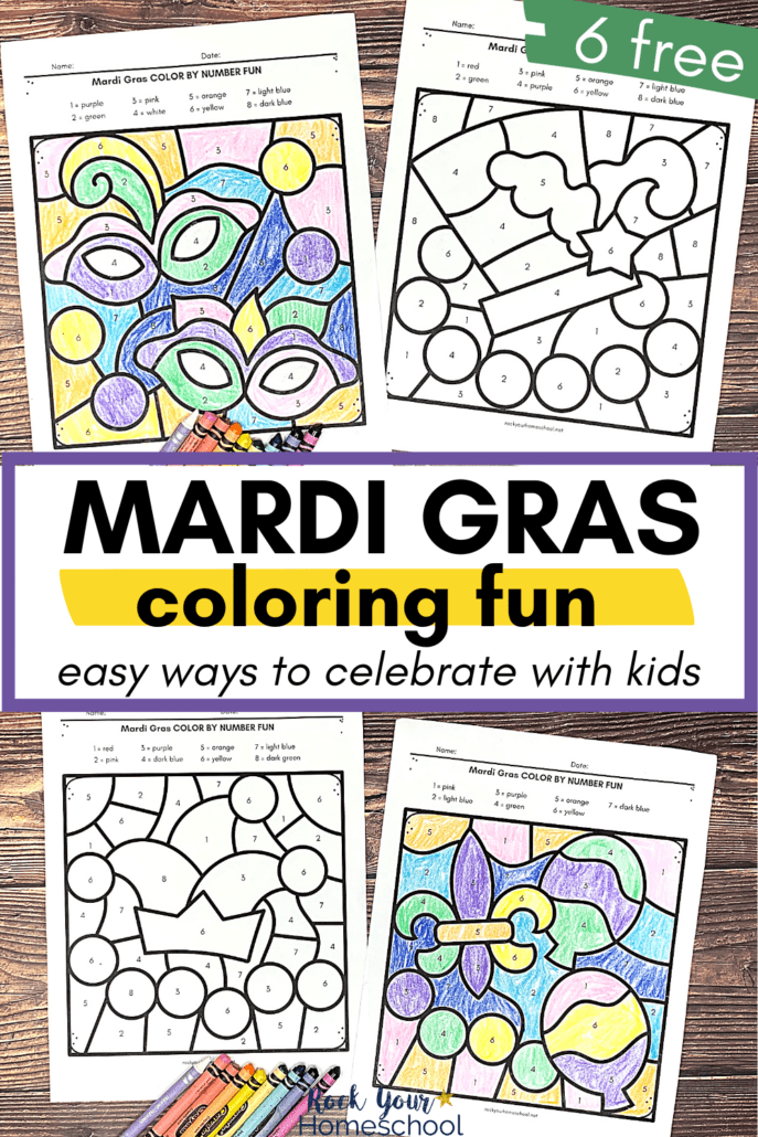 Mardi Gras coloring pages featuring jester hat and beads and fleur-de-lis symbol, beads, and balloons with crayons on wood background