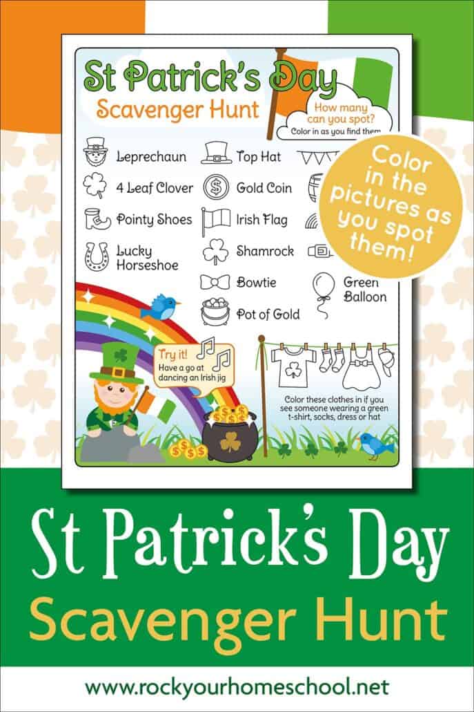 free printable St. Patrick's Day scavenger hunt with orange, white, and green and light orange shamrocks in background