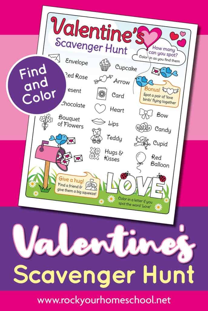 Valentine's Day scavenger hunt with find and color prompts on light pink and dark pink background