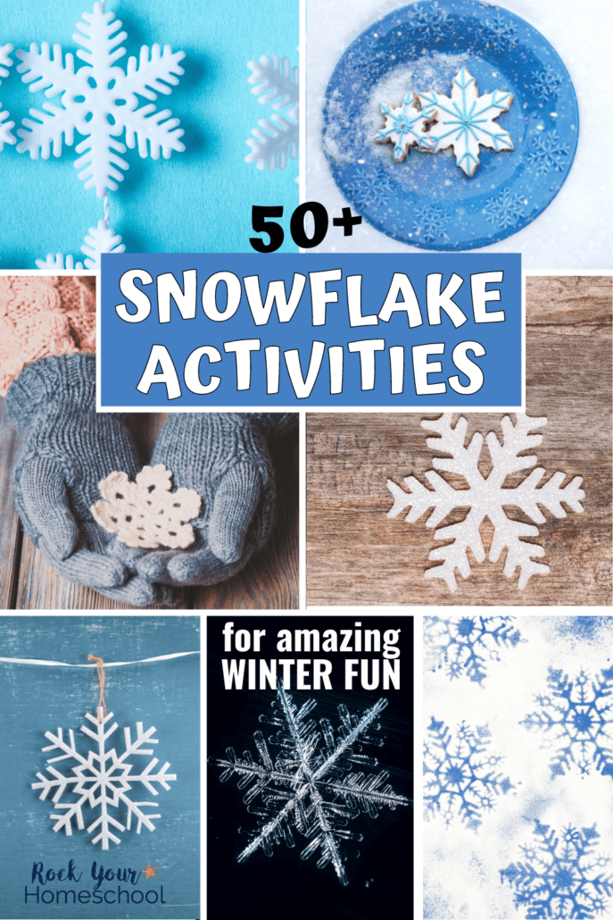 White plastic snowflakes on light blue background, snowflake sugar cookies on blue plate, child wearing gloves holding ceramic snowflake, white glitter snowflake on wood background, white snowflake ornament, crystal snowflake on black background, and blue snowflake prints on white to feature these 50+ snowflake activities for kids