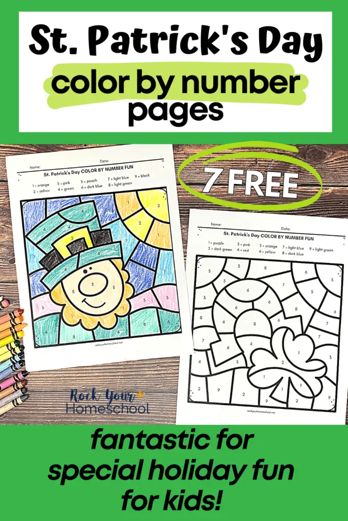 St. Patrick's Day color by number pages with a leprechaun and horseshoe and three-leaf clover with crayons on wood surface