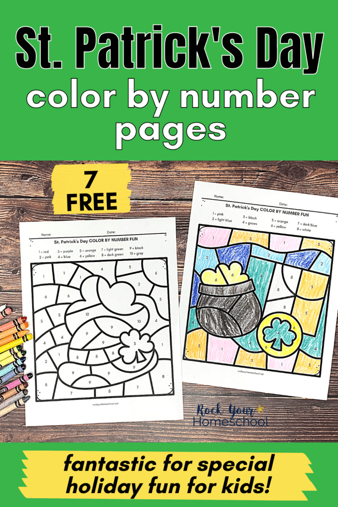 St. Patrick\'s Day color by number pages featuring derby hat with three-leaf clover and pot of gold with flag of Ireland and gold coin with crayons on wood surface