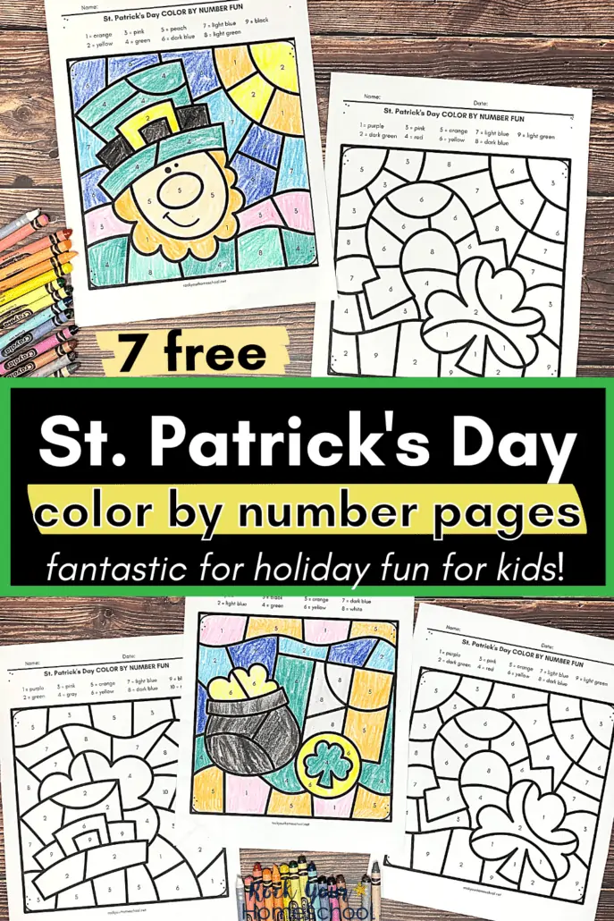 St. Patrick\'s Day color by number pages featuring leprechaun with sun, horseshoe with three-leaf clover, leprechaun hat with cloud, pot of gold with flag of Ireland and gold coin, and horseshoe with three-leaf clover with crayons on wood surface