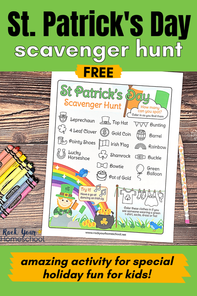 free St. Patrick's Day scavenger hunt with crayons and pencil with rainbows on wood surface