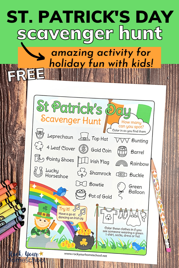 free St. Patrick's Day scavenger hunt with crayons and pencil with rainbows on wood surface