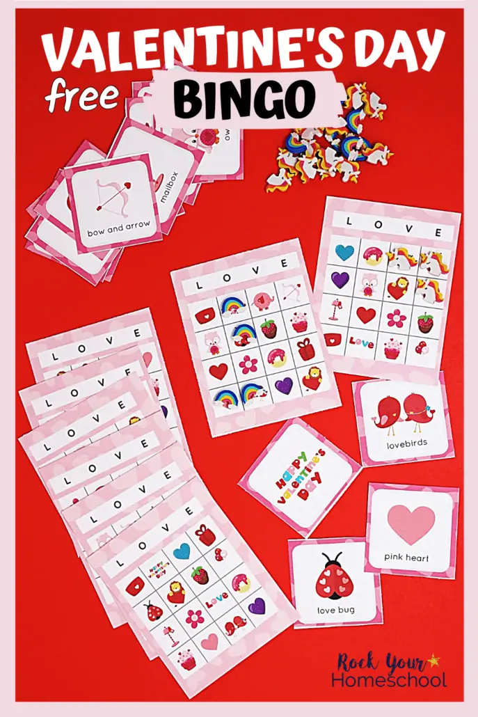 Valentine's Day bingo set with calling cards and game board cards plus mini-erasers for markers on red background