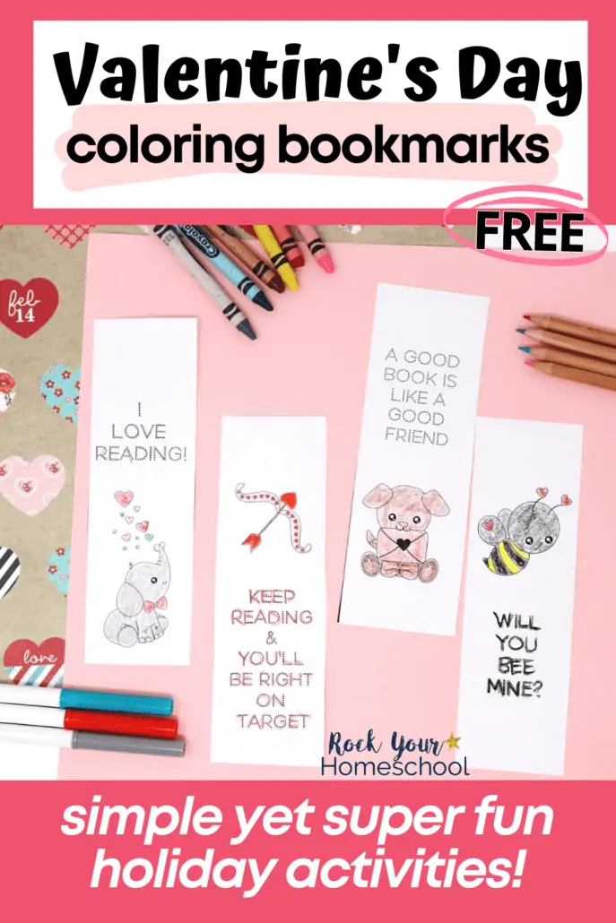 free printable Valentine's Day bookmarks to color with crayons, markers, and color pencils on pink paper and Valentine's Day themed scrapbook paper