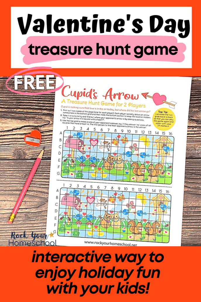 free Valentine\'s Day game for Kids featuring Cupid\'s Arrow treasure hunt game for 2 with pink pencil and red heart-shaped pencil sharpener on wood surface