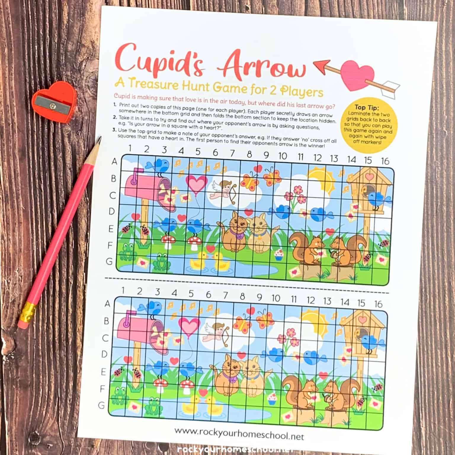 Free Valentine's Day game for Kids featuring Cupid's Arrow treasure hunt game for 2 with pink pencil and red heart-shaped pencil sharpener on wood surface.