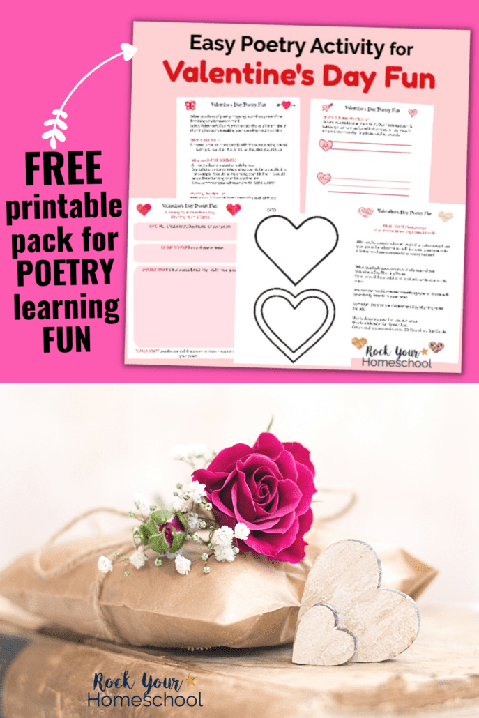free Valentine's Day poetry activity pack mock-up and brown paper package and wrapped book with pink rose and baby's breath and 2 wood hearts
