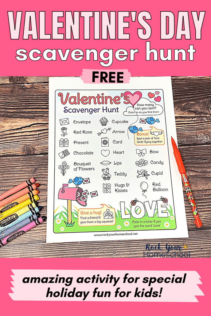 free Valentine's Day scavenger hunt with crayons and red pencil on wood surface