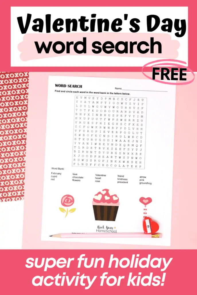 free printable Valentine\'s Day word search with red heart-shaped pencil sharpener and light pink pencil on light pink paper and red paper with white Xs and Os