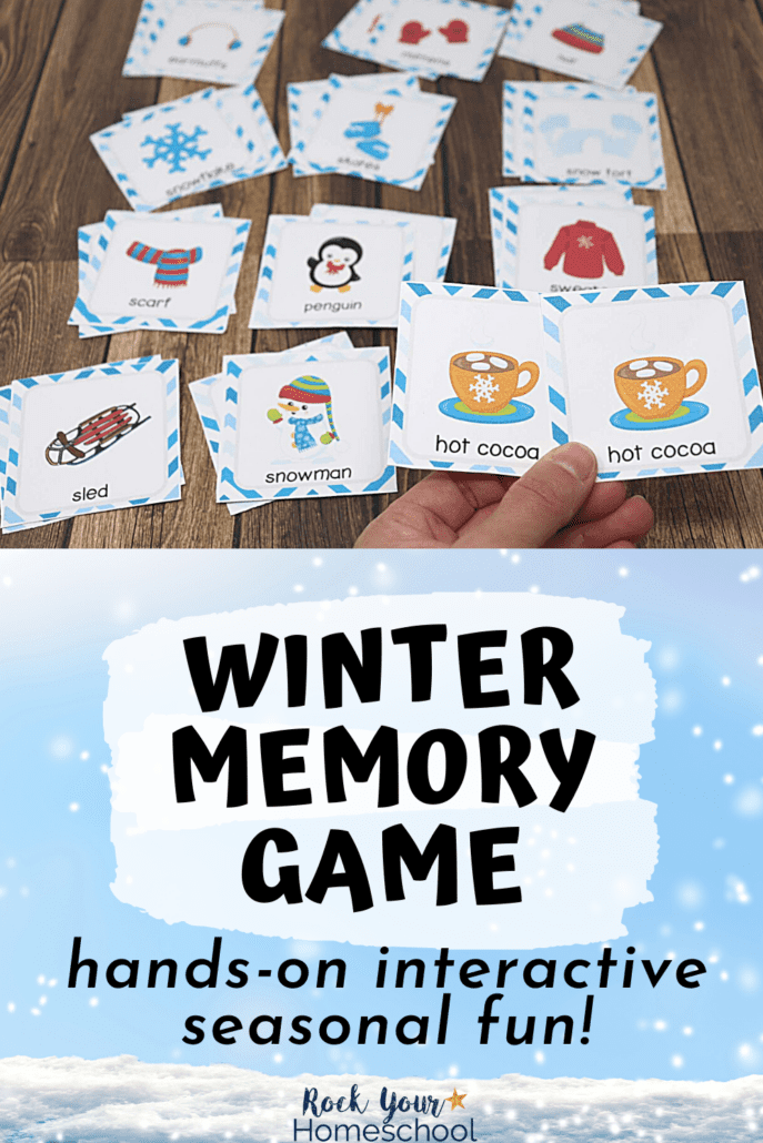 Woman holding match of hot cocoa cards to feature this free winter memory game for kids