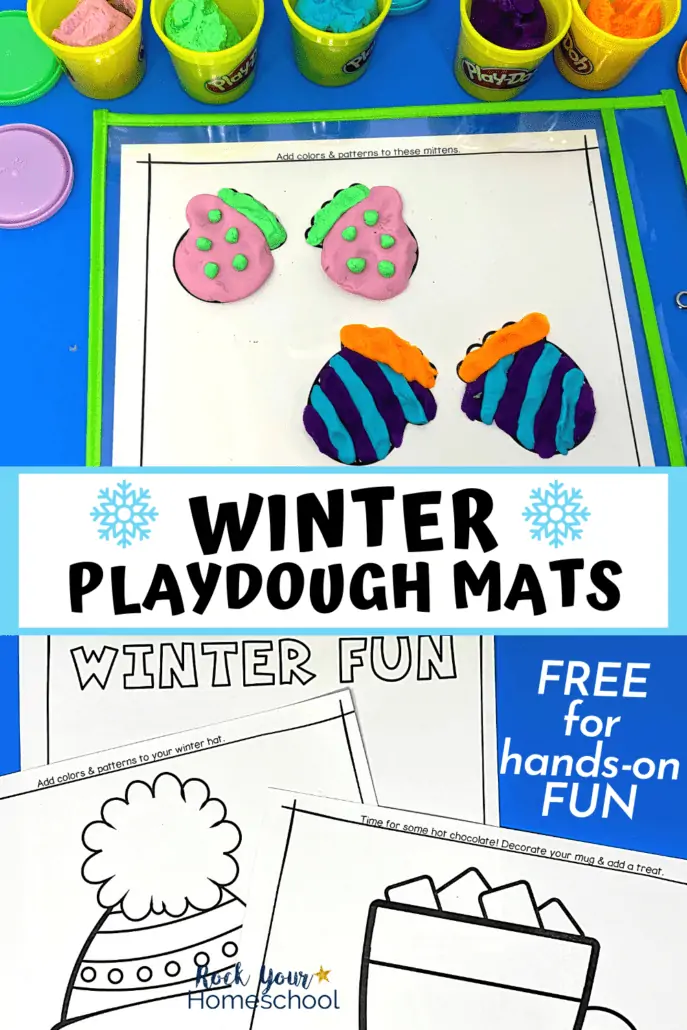 winter playdough mats in dry erase pocket sleeves featuring mittens with playdough containers and free printable winter playdough mats on blue paper 