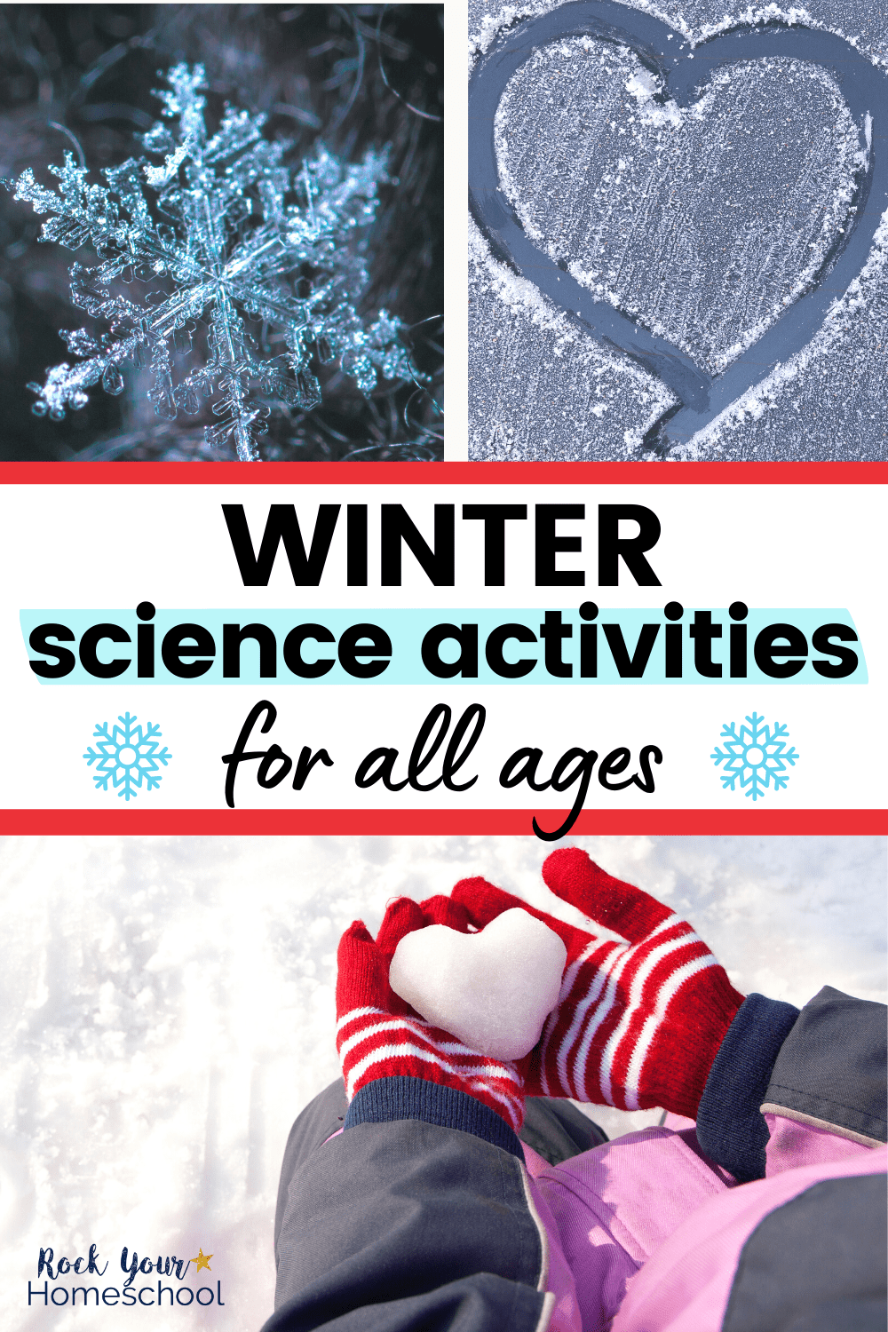 Crystallized snowflake, heart drawn on a frosty window, and child wearing red and white stripe gloves holding a snowball in the shape of a heart